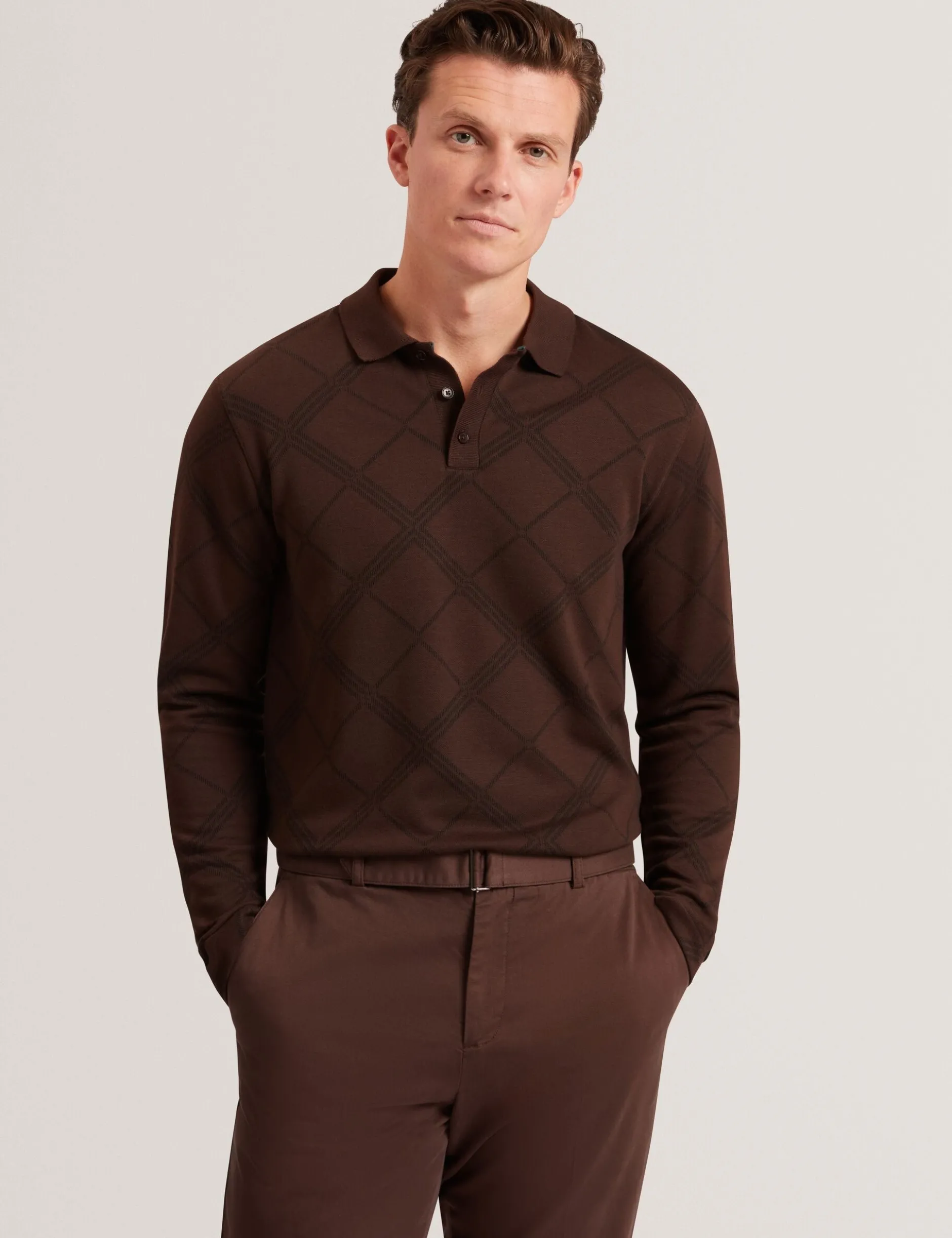 Argyle Knit Long Sleeve Polo Shirt