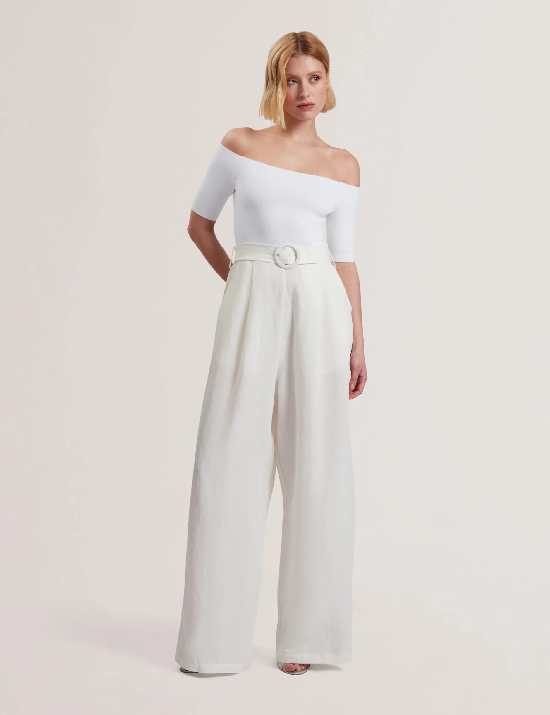 Bardot Knit Top Wide Leg Belted Jumpsuit