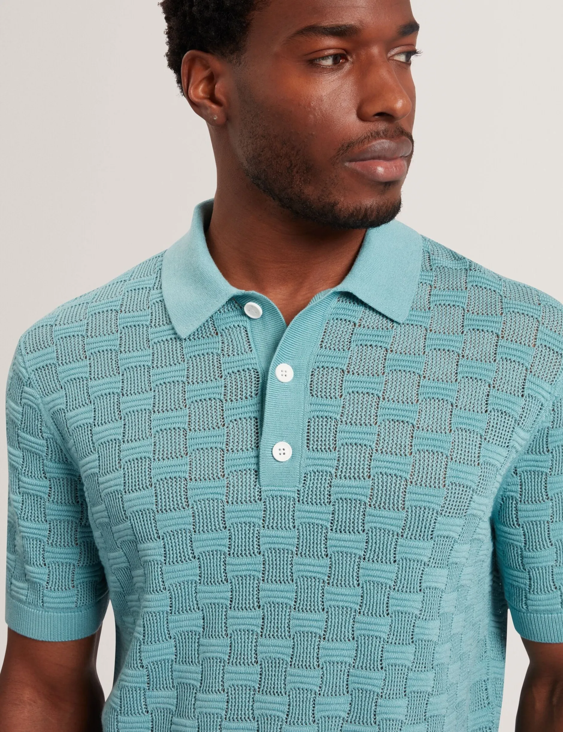 Basket Knit Wool Blend Short Sleeve Polo