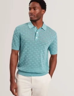 Basket Knit Wool Blend Short Sleeve Polo