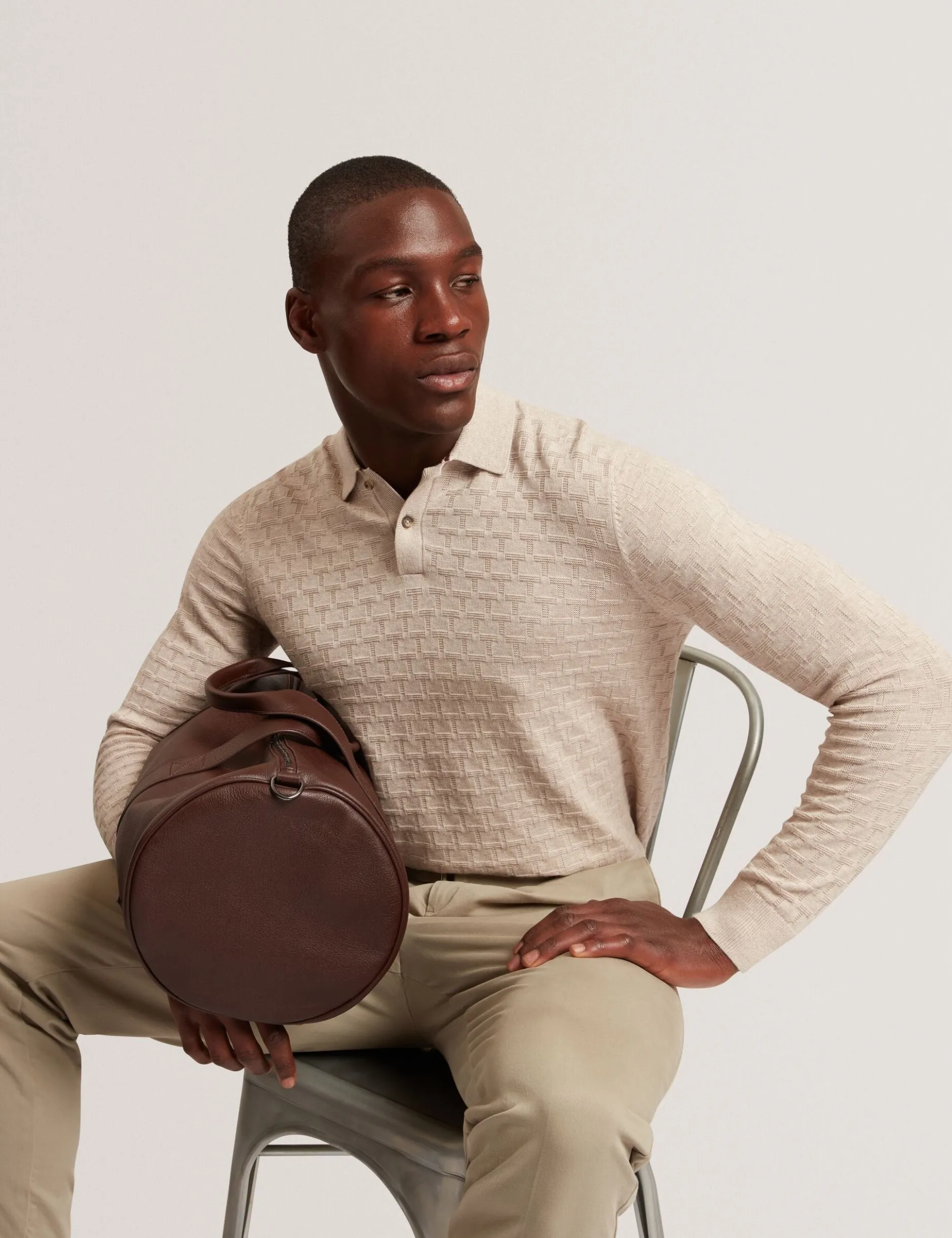 Branded Texture Knit Long Sleeve Polo