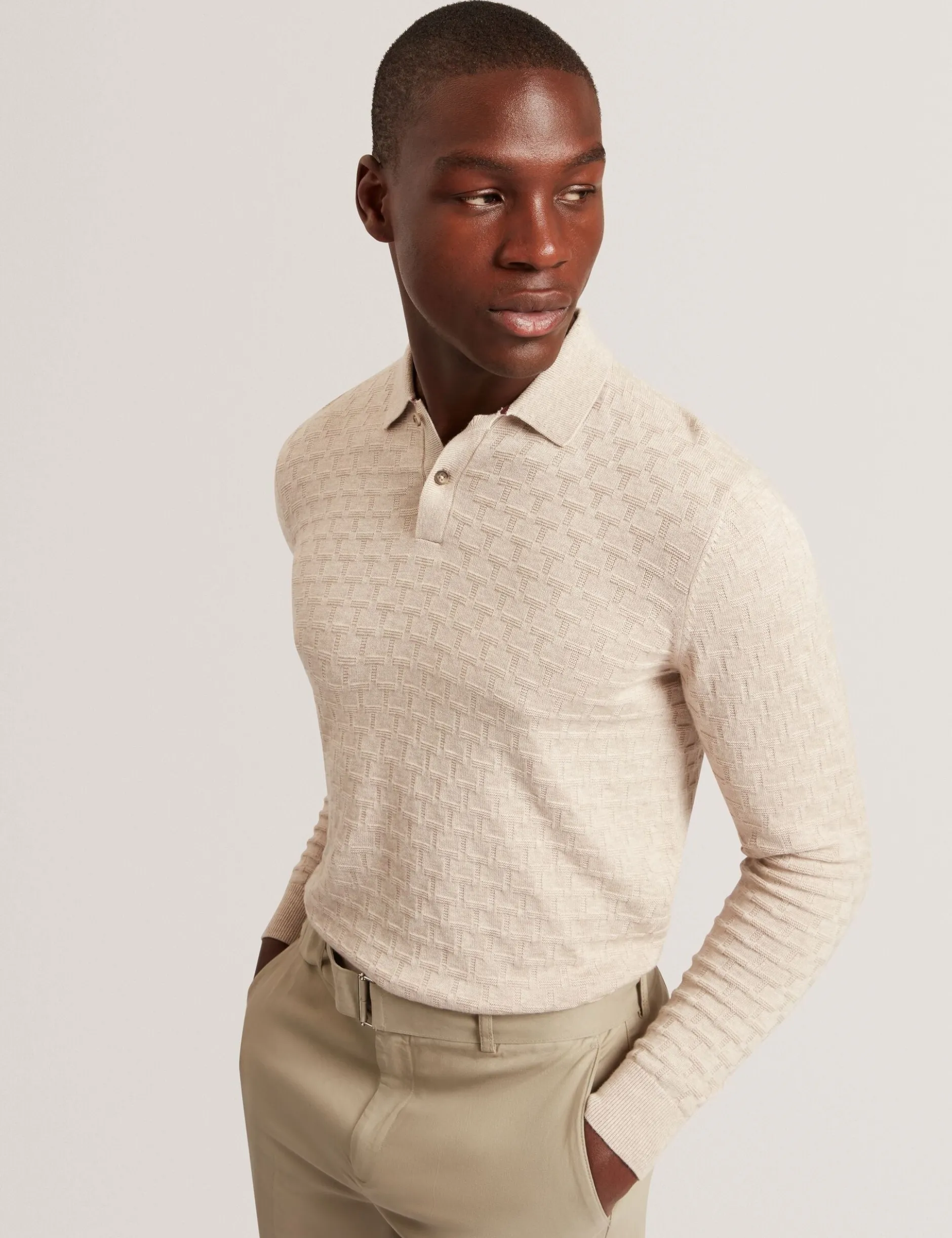 Branded Texture Knit Long Sleeve Polo