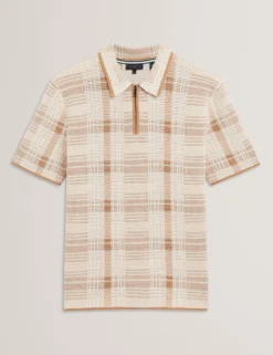 Checked Zip Neck Cotton Knit Polo
