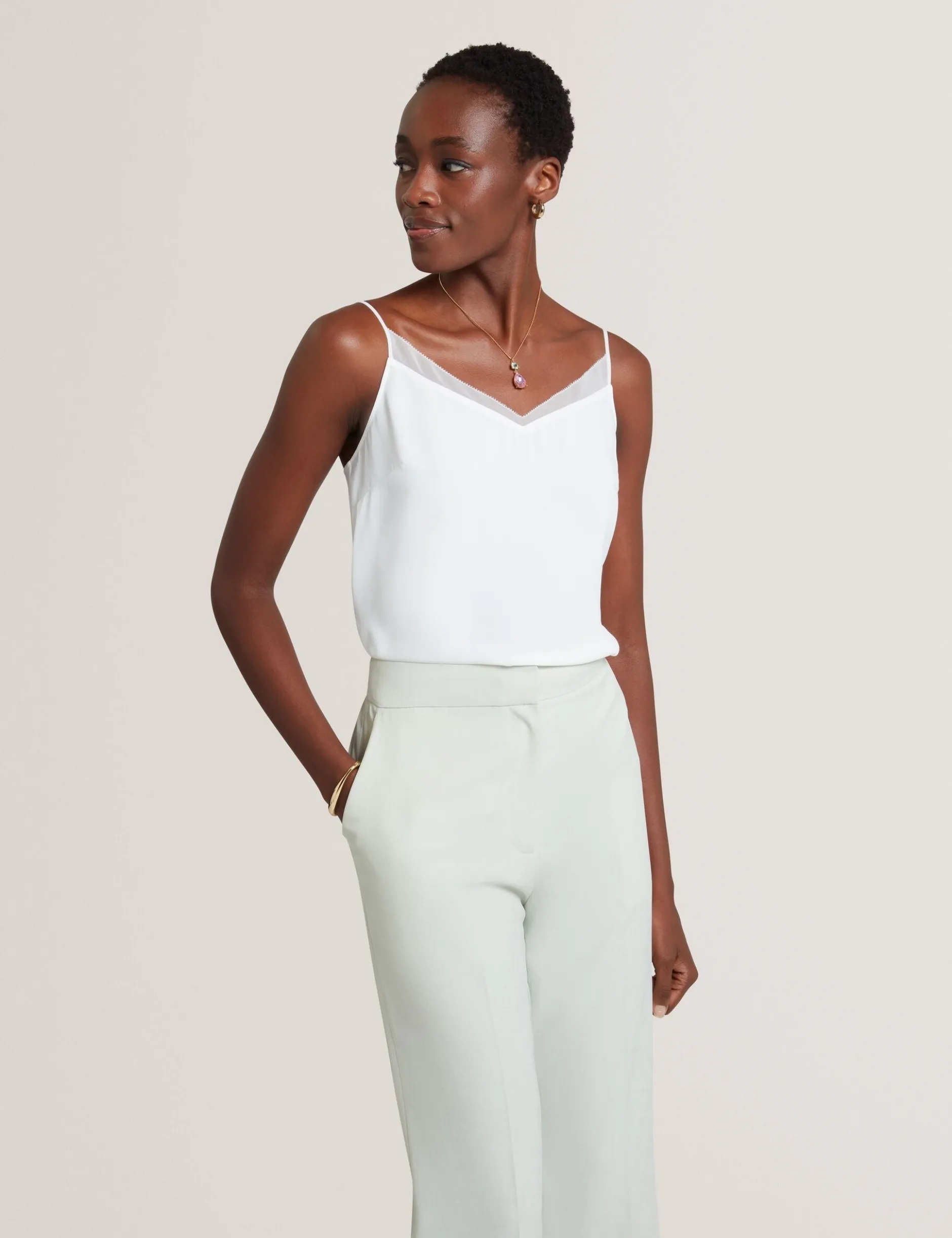 Chiffon Detail V-Neck Strappy Cami Top