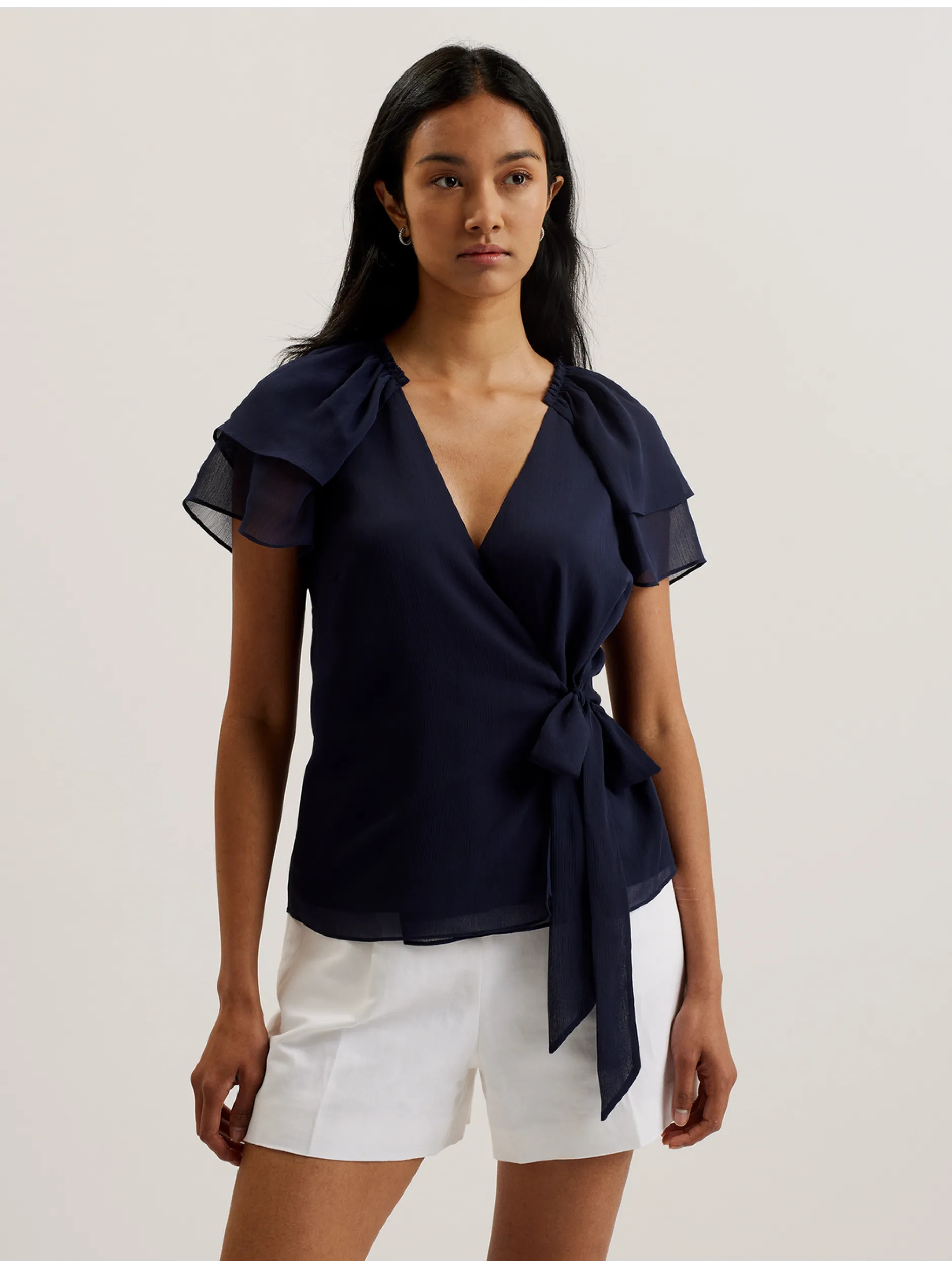 Chiffon Frill Short Sleeve Wrap Top