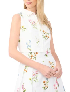 Cotton Floral Sleeveless Cropped Shirt