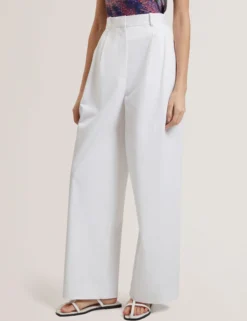 Cotton Pleated Front Wide Leg Trousers