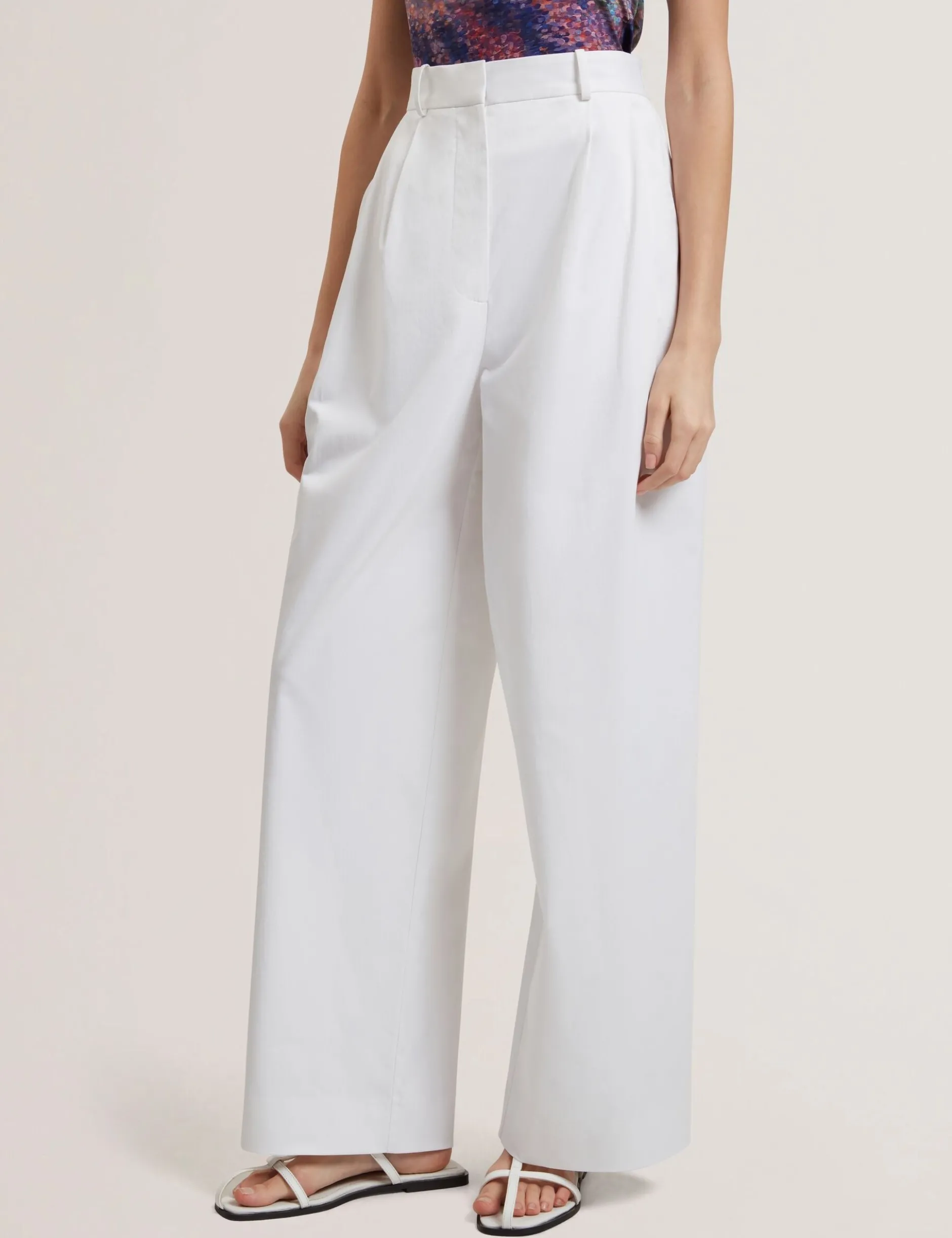 Cotton Pleated Front Wide Leg Trousers