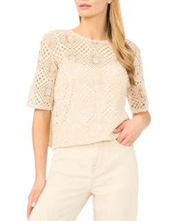 Crochet Knit Boxy Short Sleeve Top