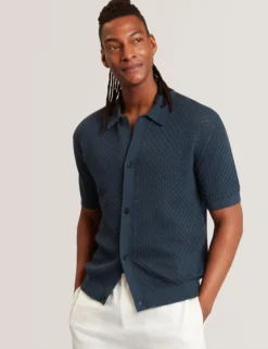 Diamond Crochet Knit Short Sleeve Shirt
