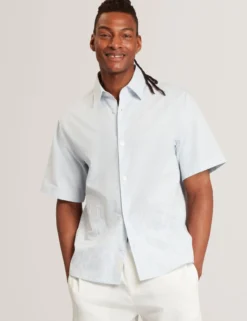 Embroidered Hem Pinstripe Short Sleeve Shirt
