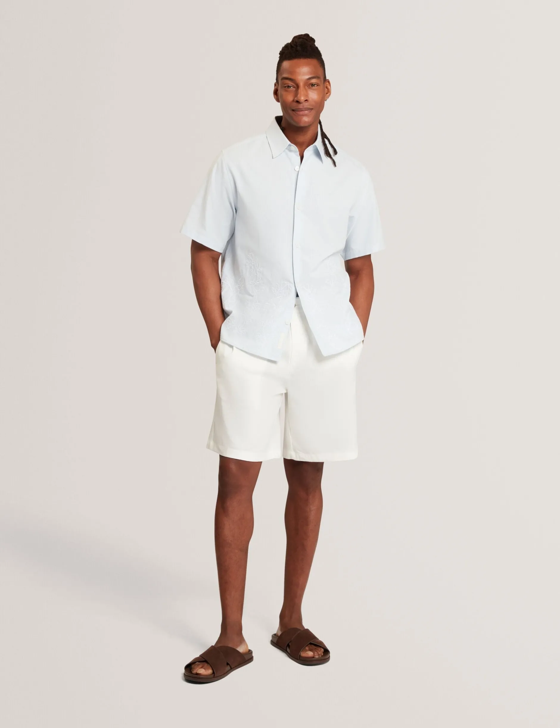 Embroidered Hem Pinstripe Short Sleeve Shirt