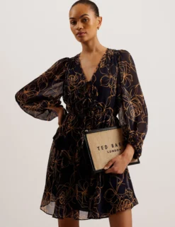 Fine Line Floral Print Mini Dress