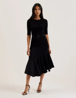 Flippy Hem Knitted Midi Dress With Belt