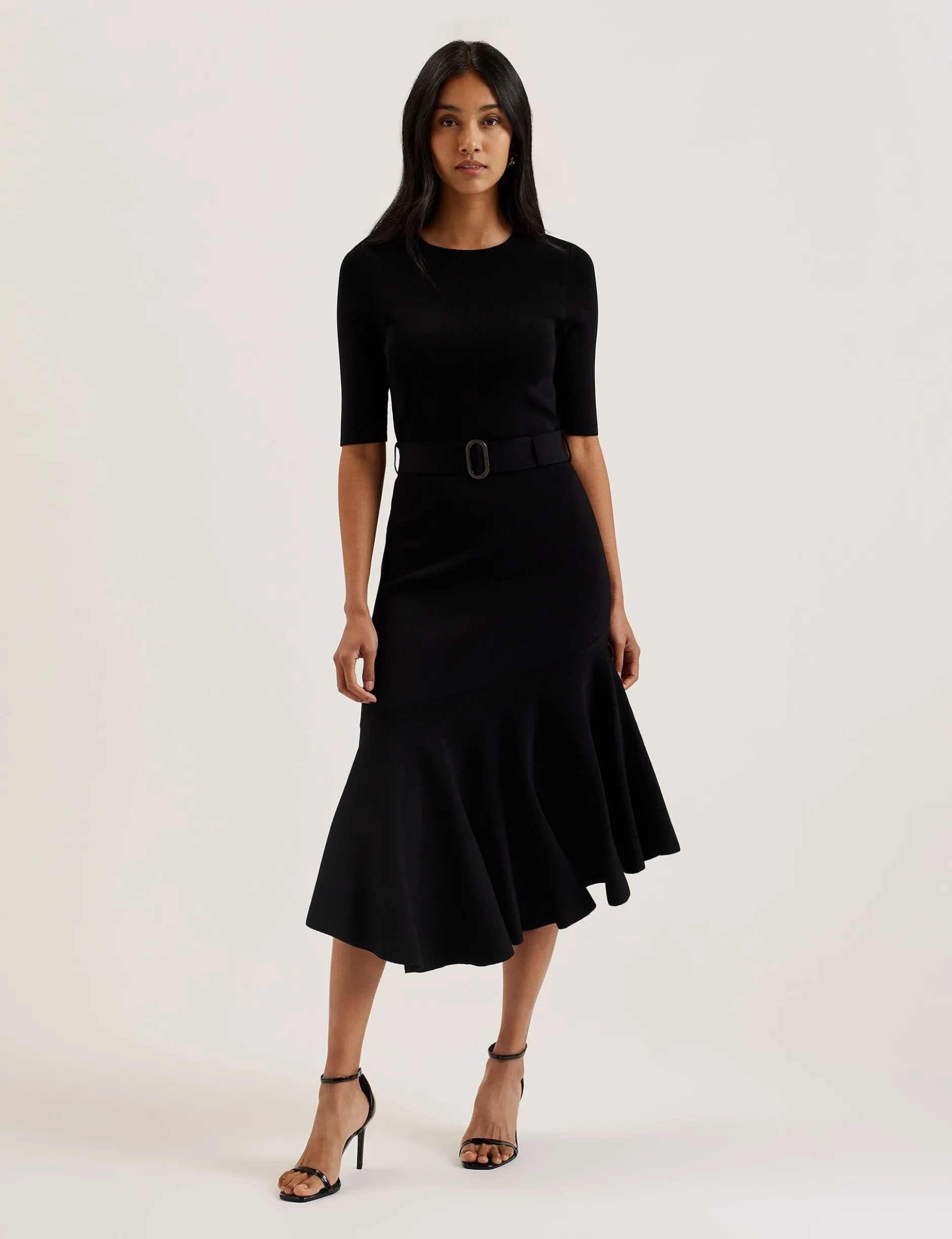 Flippy Hem Knitted Midi Dress With Belt