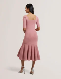 Flippy Hem Square Neck Knitted Midi Dress