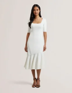 Flippy Hem Square Neck Knitted Midi Dress
