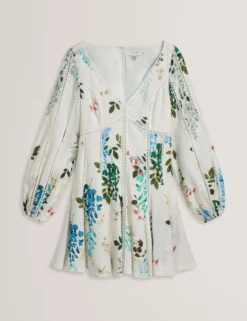 Floral Crochet Trim Linen Mini Dress