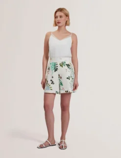 Floral High Waist Linen Shorts With Trim Detail