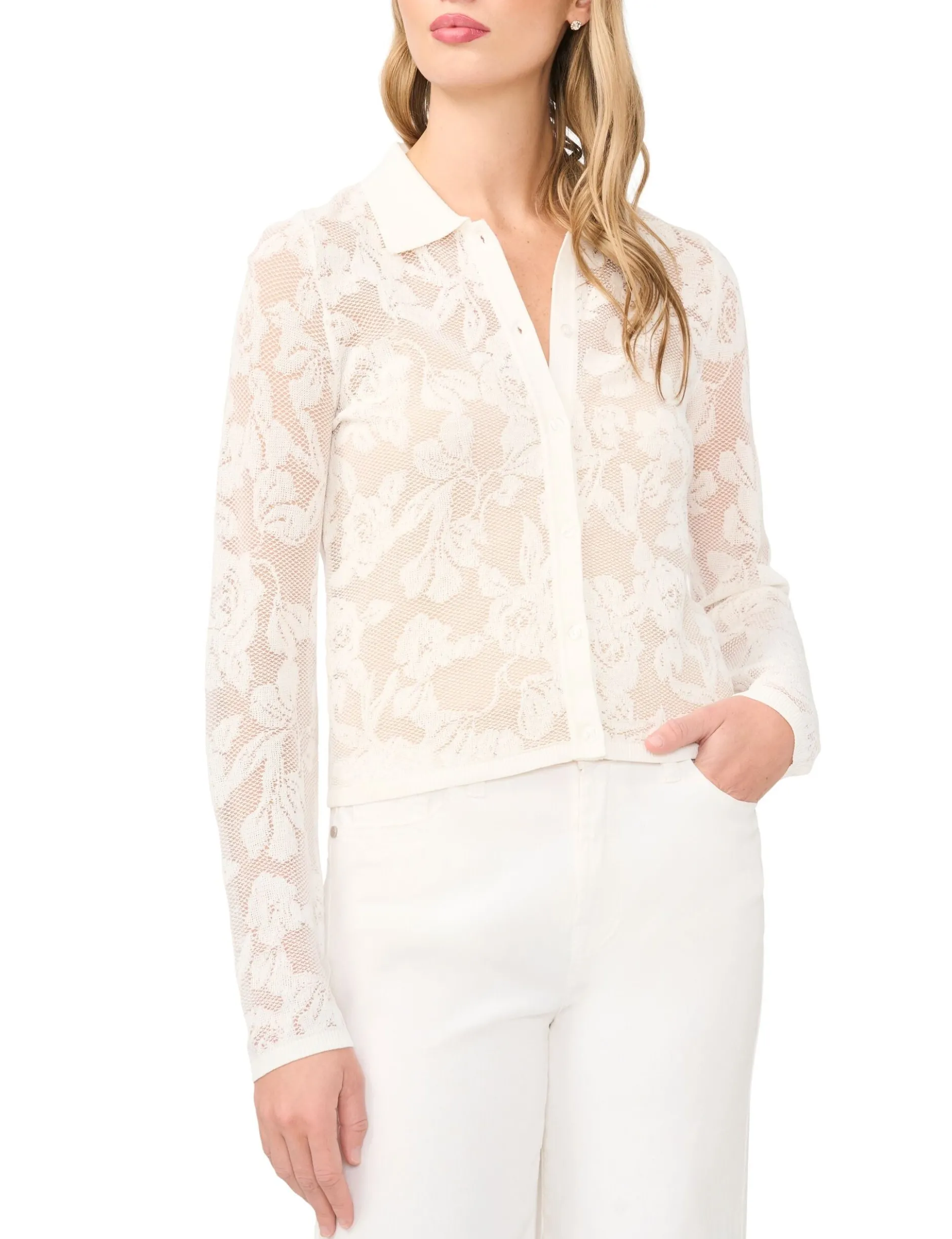 Floral Mesh Knit Button-Up Top