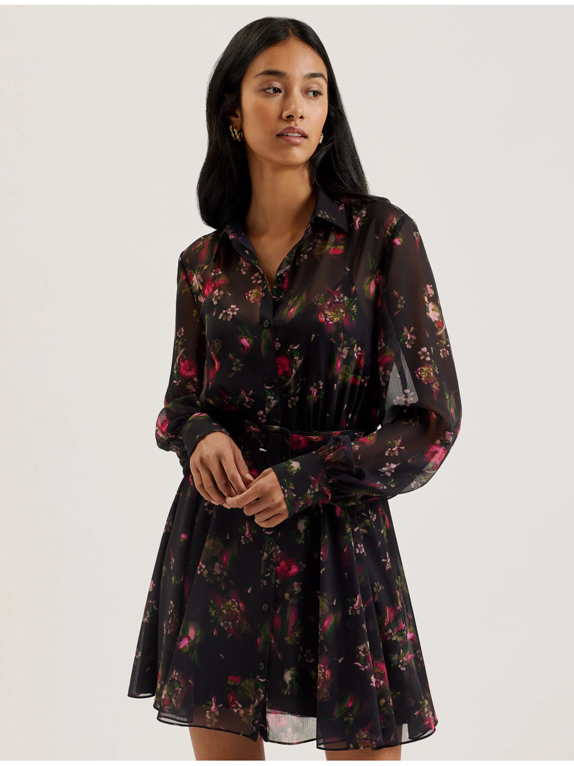 Floral Print Belted Mini Shirt Dress