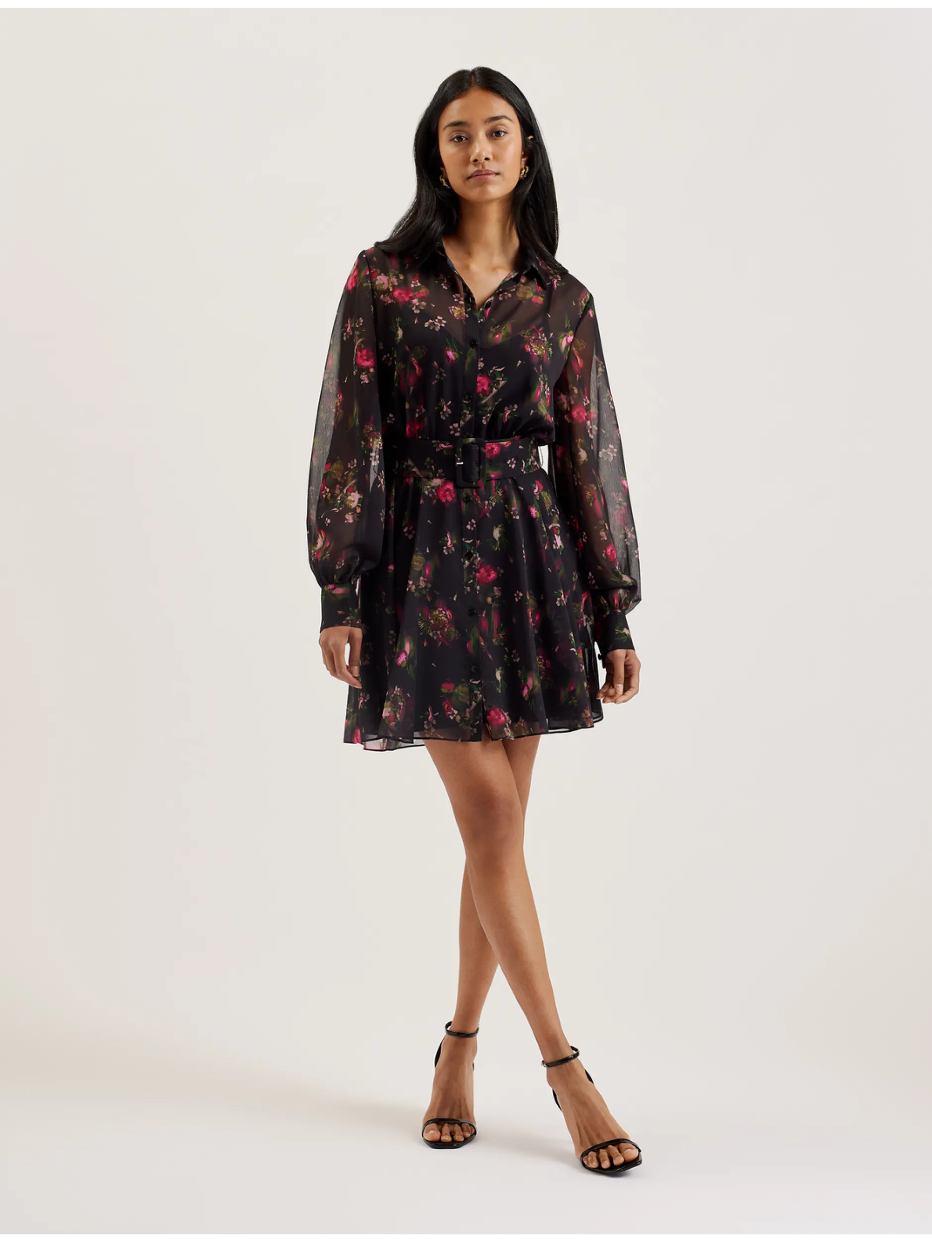 Floral Print Belted Mini Shirt Dress