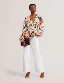 Floral Print Frill Trim Long Sleeve Blouse