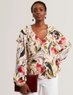Floral Print Frill Trim Long Sleeve Blouse