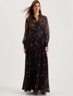 Floral Print Pleated Maxi Shirt Dress