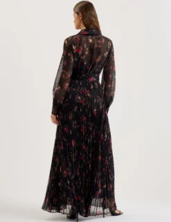 Floral Print Pleated Maxi Shirt Dress