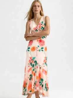 Floral Ruched Front Sleeveless Midi Dress