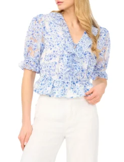 Floral Ruffled V-Neck Cropped Blouse