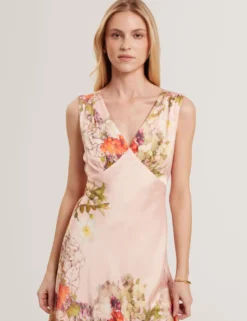 Floral Satin Low Cut Maxi Dress