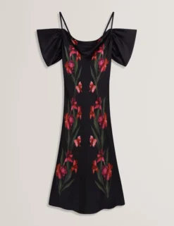 Floral Satin Off Shoulder Bias Midi Dress