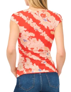 Floral Stripe Cap Sleeve Fitted T-Shirt