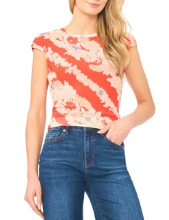 Floral Stripe Cap Sleeve Fitted T-Shirt