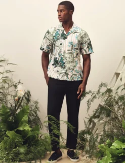 Floral Stripe Print Cotton Short Sleeve Shirt
