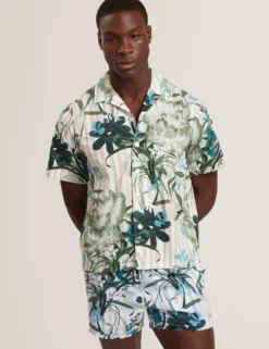 Floral Stripe Print Cotton Short Sleeve Shirt