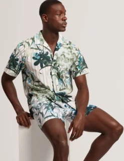 Floral Stripe Print Cotton Short Sleeve Shirt