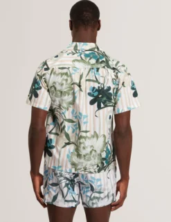 Floral Stripe Print Cotton Short Sleeve Shirt