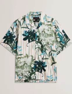 Floral Stripe Print Cotton Short Sleeve Shirt