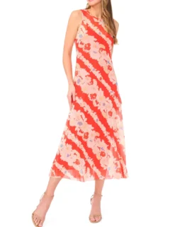 Floral Stripe Sleeveless Mesh Midi Dress