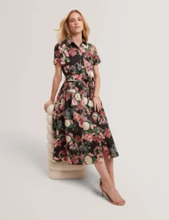 Floral Tie Waist Midi Shirt Dress
