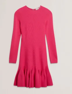 Flounce Hem Long Sleeve Knitted Mini Dress