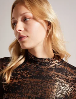 Foil Print High Neck Mesh Top