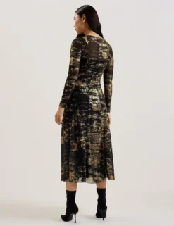 Foil Print Long Sleeve Mesh Midi Dress