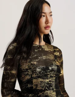 Foil Print Long Sleeve Mesh Midi Dress
