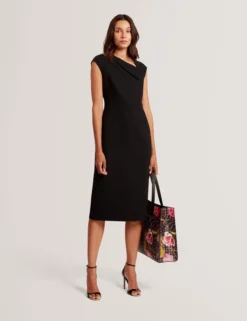 Folded Neckline Pencil Midi Dress