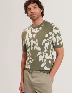 Foliage Print Cotton Fine Knit T-Shirt