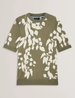 Foliage Print Cotton Fine Knit T-Shirt